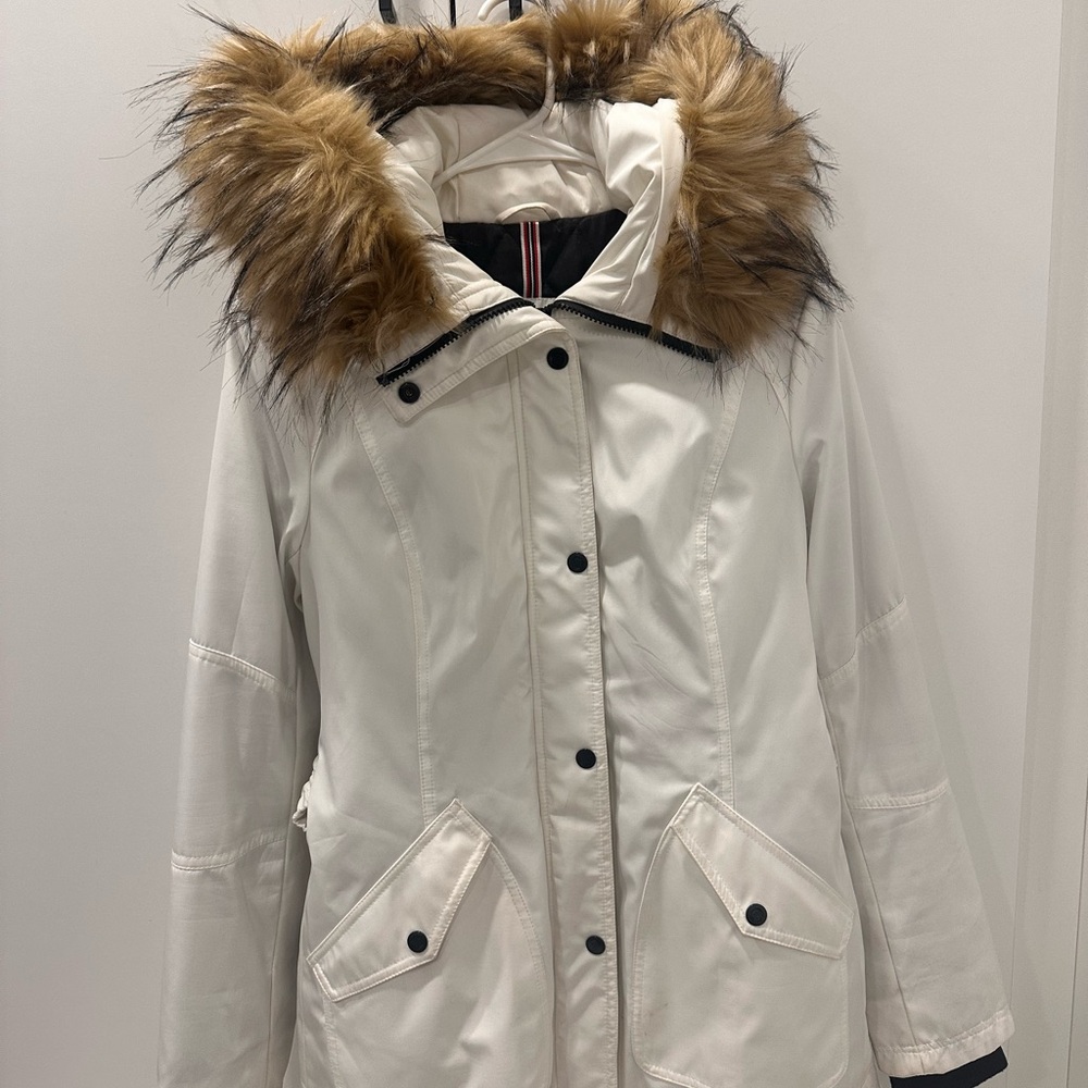 Jessica Simpson Cream Jacket with Fur-Trimmed Hood